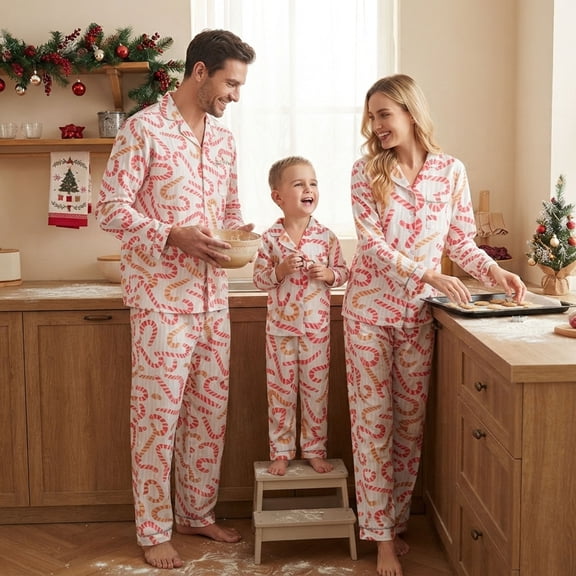 AIGUR Matching Family Christmas Pajamas Set, Candy Cane Print Long‑Sleeve Lapel Button‑Down Top Pants Holiday Loungewear Sleepwear for Men Women Kids