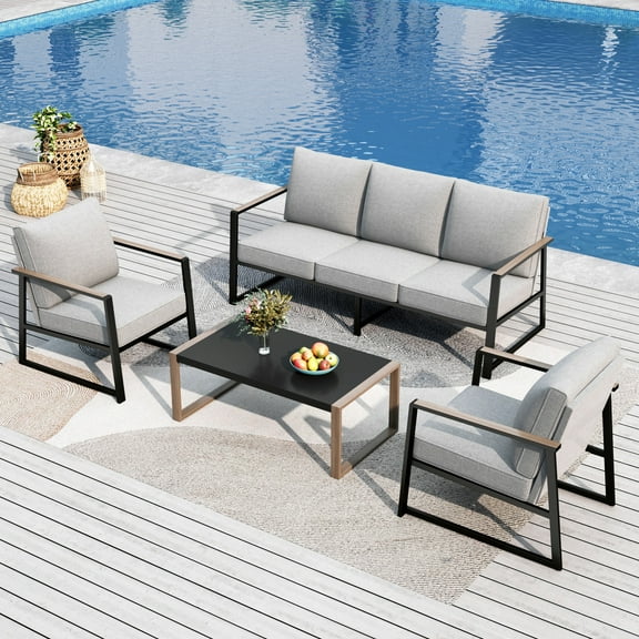 MF Studio 4-Piece Modern Outdoor Patio Furniture Set with All-Weather Cotton-Filled Sling Fabric Sofa Back, Wood-Grain Outdoor Patio Conversation Set with U-Shape Coffee Table, Gray