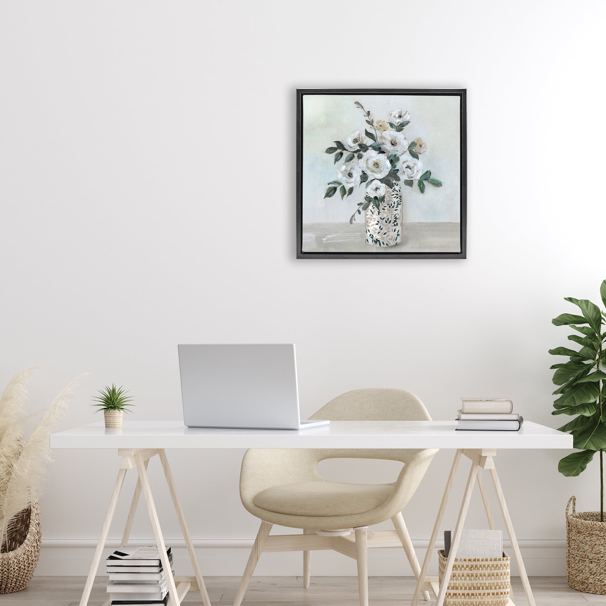 Stupell Industries Leaf Patterned Flower Vase Black Framed Floater Canvas Wall Art, design by Sally Swatland