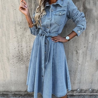 Seyurigaoka Womens Juniors Summer Denim Dress Casual Lapel Button Down  Short Sleeves Ruffle Tiered Baby Doll Dress Short Jean Dress - Walmart.com