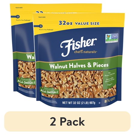 (2 pack) Fisher Chef's Naturals Gluten Free, No Preservatives, Non-GMO Walnut Halves & Pieces, 32 oz Bag