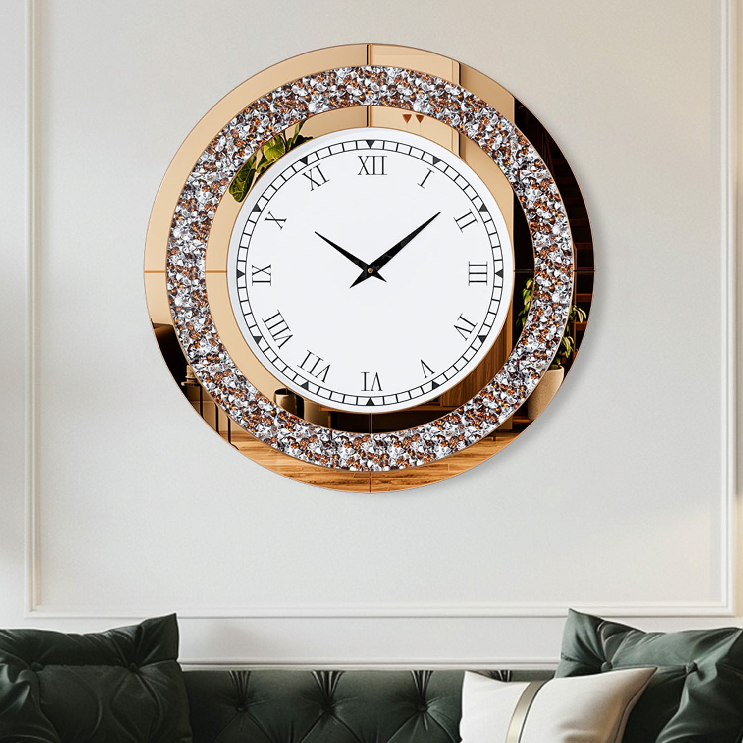 LUVODI 24 inch Rround Crushed Diamond Wall Clock Silver Beveled Mirrored Clock for Wall Living Room Decor
