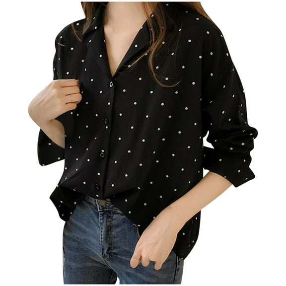 TODOZO Womens Long Sleeve Button Down Shirts Classic Work Blouse Stretch Formal Casual Dress Shirt Polka Dot Shirts for Women Shirts for Women Trendy Summer Blouses for Women Casual Black L