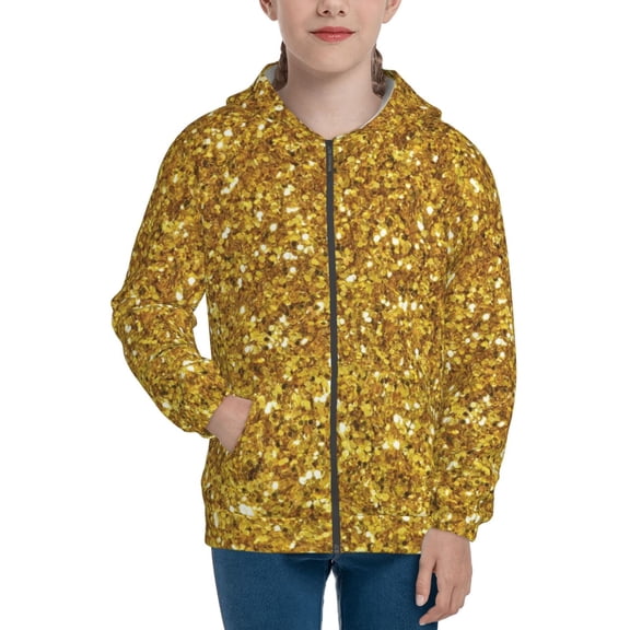 Xecao Gold Glitter Pattern Zip Up Hoodies for Boys Girls, Sweatshirt with Pockets-Small