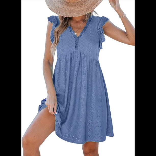 Vestido Tipo Cárdigan de Corta con Cuello en V y Ribete de Encaje, Color Azul , Talla S