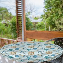 Ambesonne Nautical Fitted Round Tablecloth, Anchor Wheel Starfish, 40"- 44" Diameter, Blue and Apricot