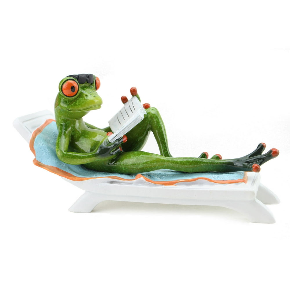 Novelty Funny Frog Figurine Reading a Book on Beach Chair Relaxing