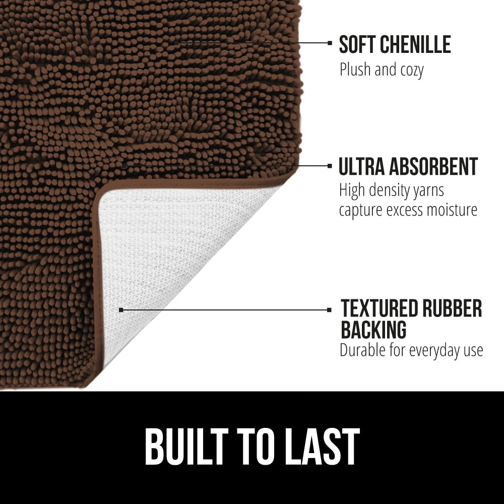 GORILLA GRIP Chenille Bath Rug 24x17, Rubber Backing Quick Dry Washable Microfiber Mats, Brown