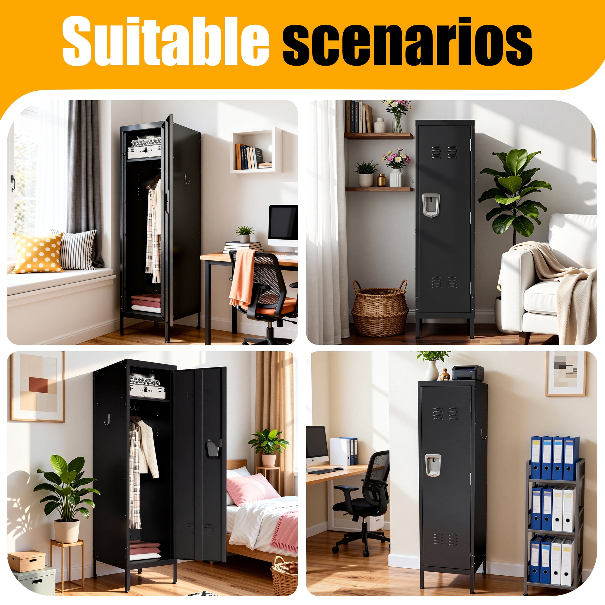 HOQBN 55" Tall Metal Wardrobe Cabinet,Waterproof Steel Clothing Storage Locker with Ventilated Door,Lock & Side Hooks,Vertical Bedroom Wardrobe for Small Apartment Home Office,Black