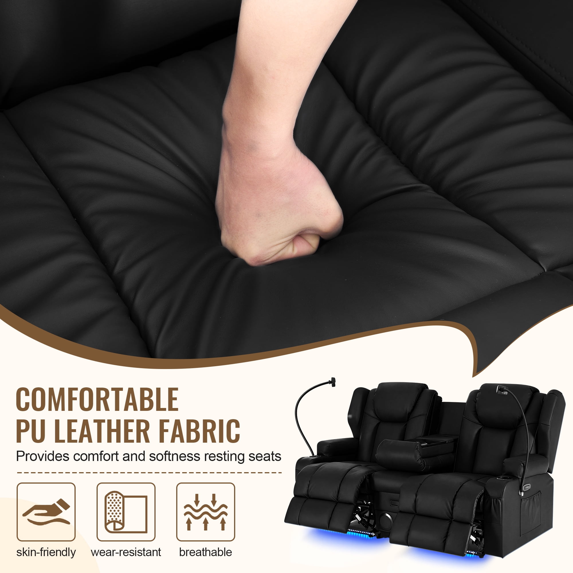 ROOMARK Loveseat Recliner Double Recliner RV Sofa & Console | Wall Hugger Loveseat Reclining RV | RV Theater Seats | RV Couch | RV Home Theater Seating Furniture