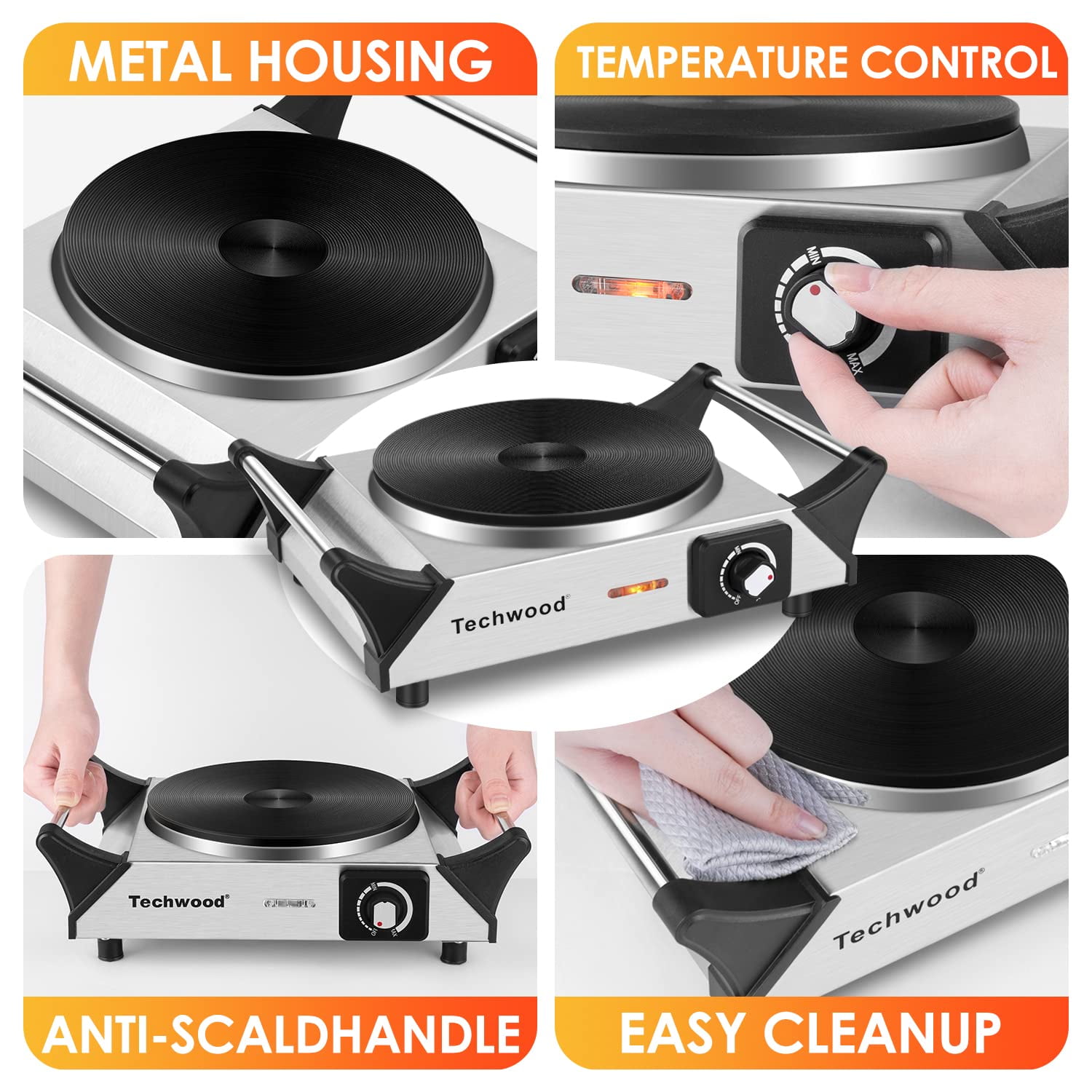 Techwood 1500W Portable Electric Hot Plate Single Burner 13.78 Inch Stainless Steel