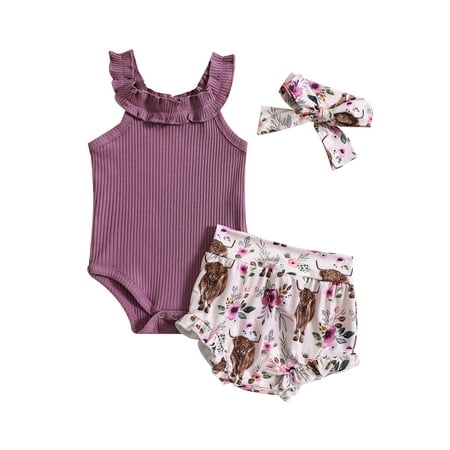 

Qtinghua Western Newborn Baby Girl Summer Outfits 3Pcs Cow Print Sleeveless Knit Ribbed Romper Bloomer Shorts Headband Set Purple 6-12 Months