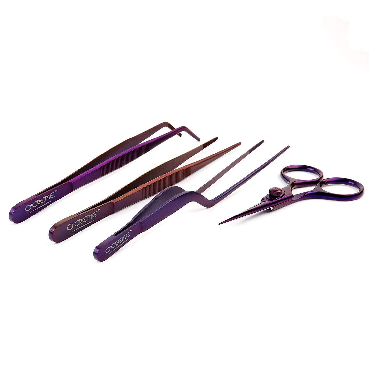 O'Creme Set of Culinary Tweezer Tongs 8 Inch Straight, 8 Inch Offset and 8 Inch Curved, Plus Super Sharp Chef Scissors, Total 4 Pieces Purple