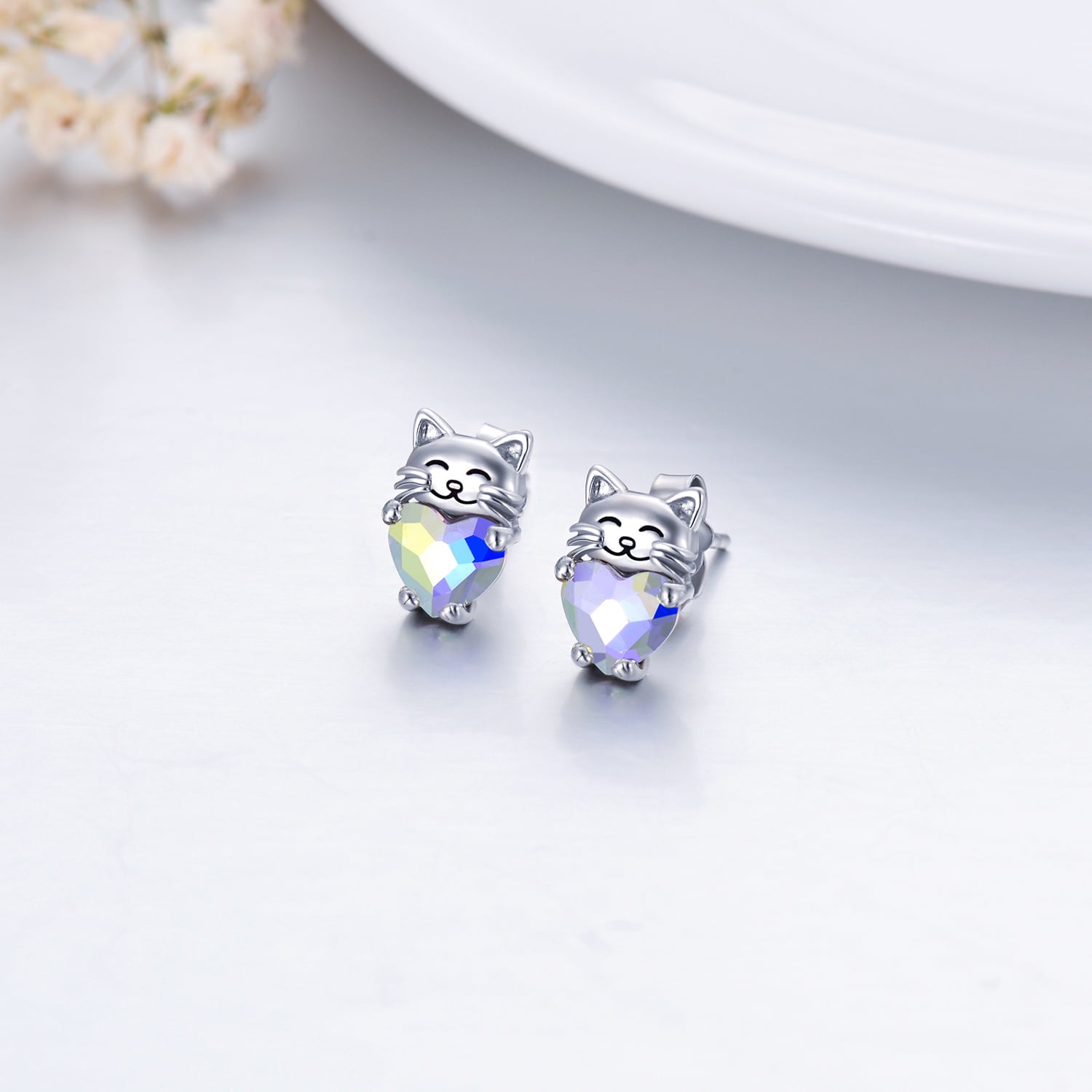 Coachuhhar Cat Earrings for 925 Sterling Silver Cat Stud Earrings Crystal Earrings Cute Animal Earrings Hypoallergenic Kitten Stud Earrings Cat Jewelry Gifts for Women