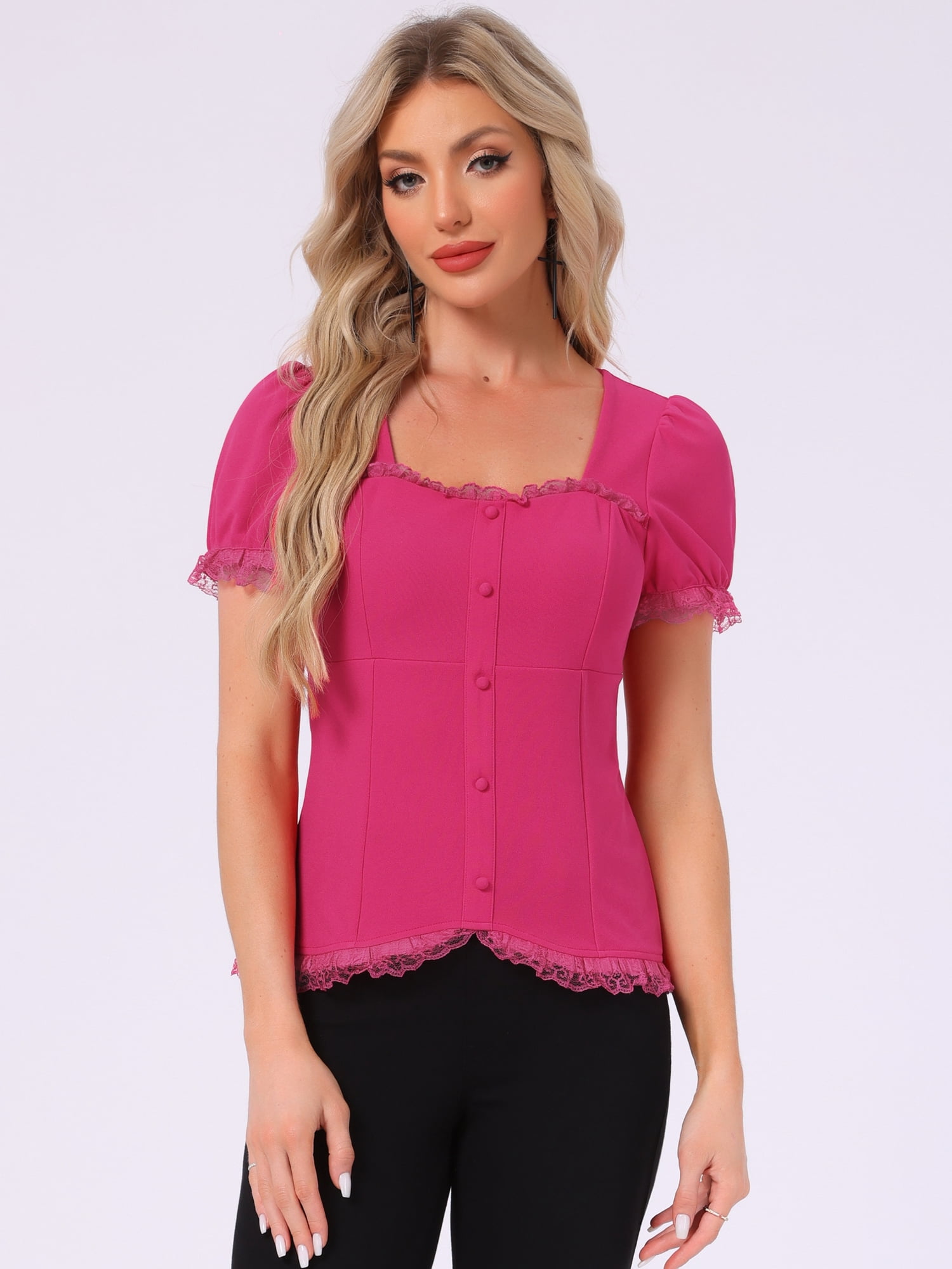 DARING DIVA Sweetheart Neck Puff Sleeve Lace-up Blouse XS Hot Pink
