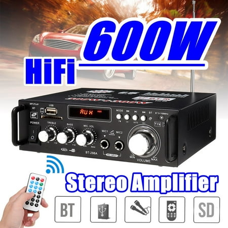 600W 110V 4-16Ohm 2CH LCD Display Wireless Audio Amplifier HIFI Stereo b luetooth USB/SD/FM Radio/MP3 Player with 2 Mic Inputs & Remote Control For Car Home i Pad Phones