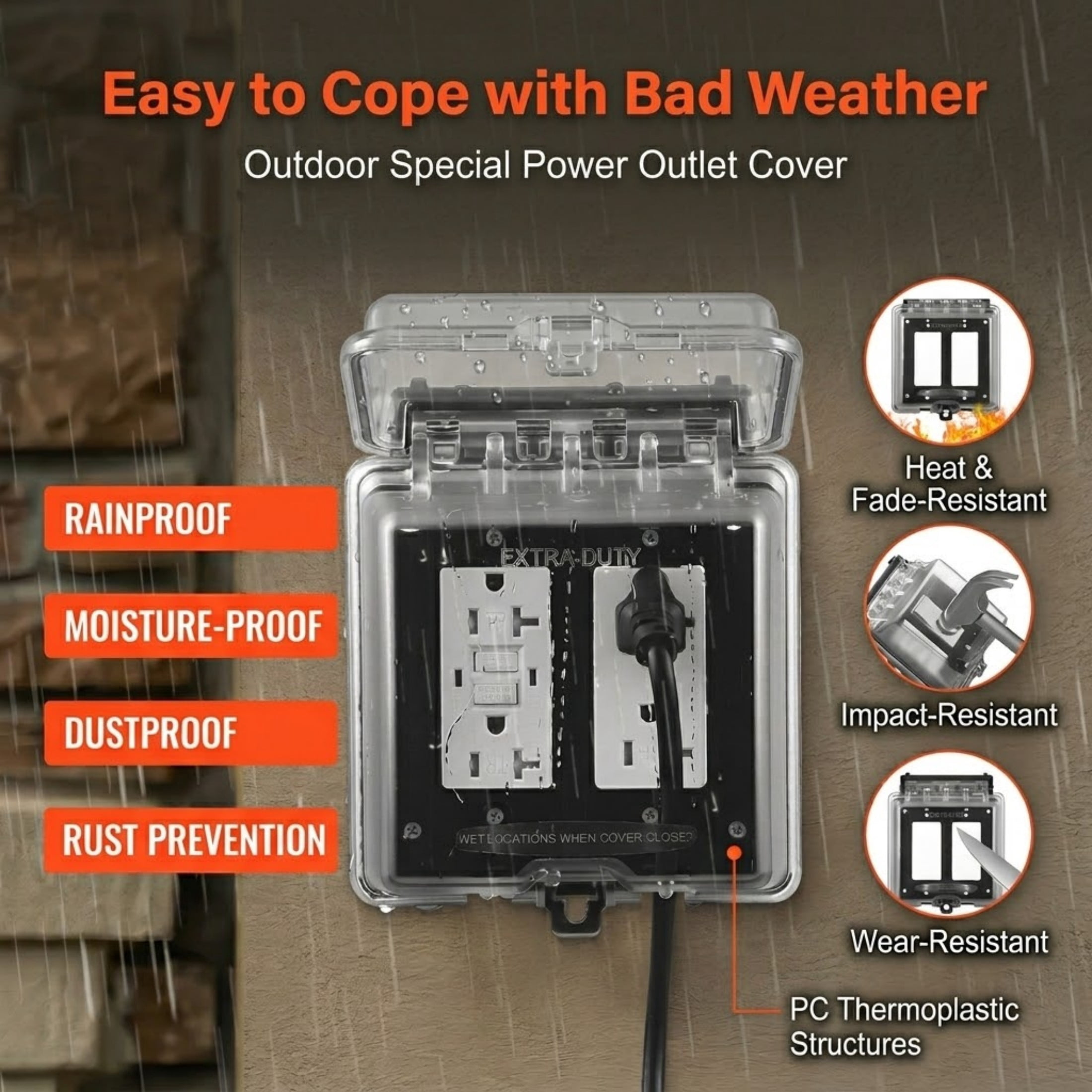 2-Gang Weatherproof Outdoor Outlet Cover, Lockable Electrical Receptacle Protector, 12-in-1 Configurations, Clear