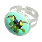 Toucan Tropics Tropical Rainforest Watercolor Silver Plated Adjustable Novelty Ring