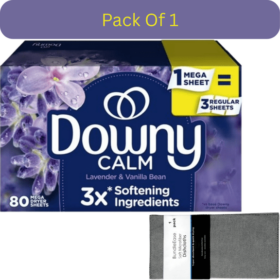 Downy Infusions Calm Mega Dryer Sheets, Lavender & Vanilla Bean Scent, 80 Count with Microfiber Solid Color Towel by BundleEase