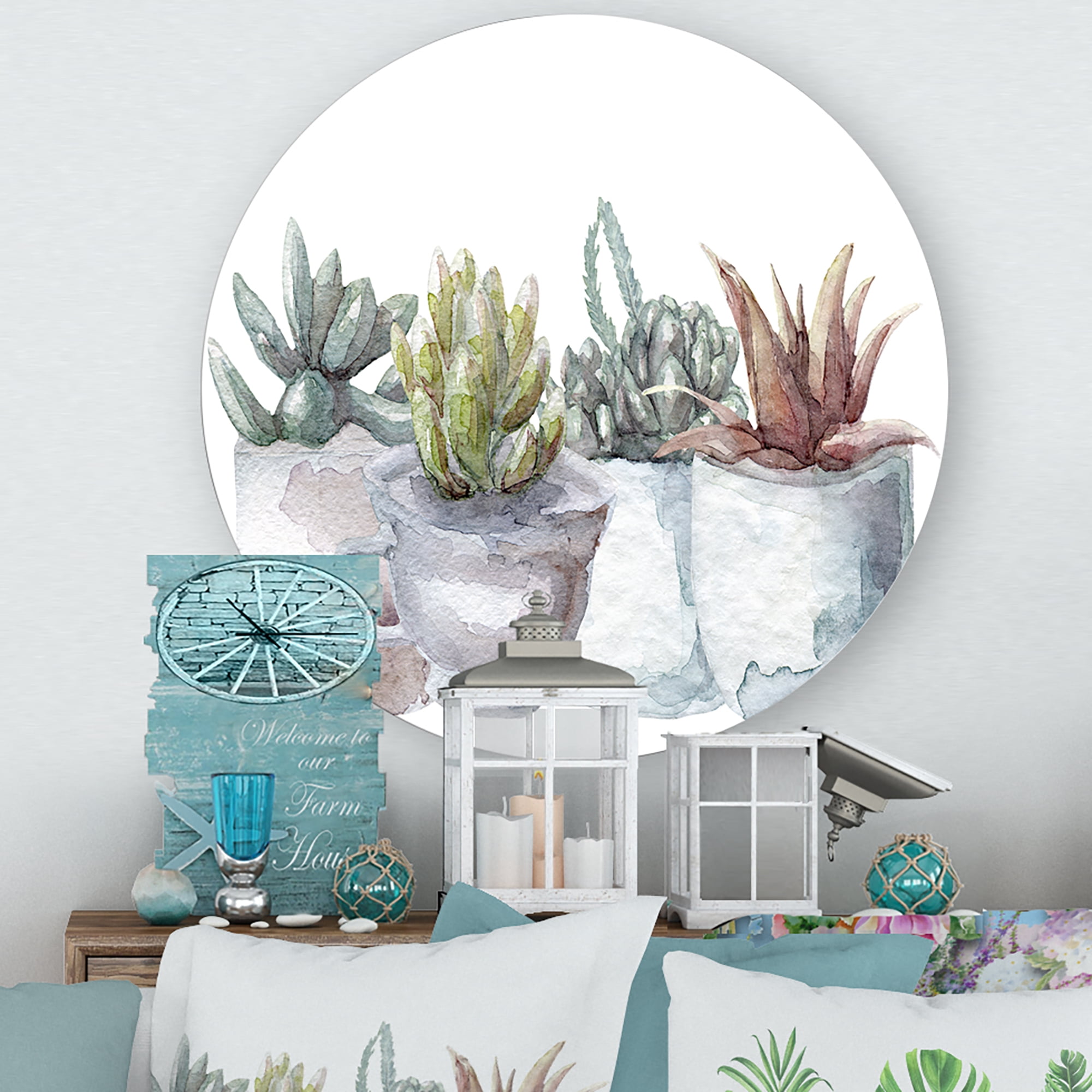 Designart 'Succulent and Cactus House Plants IV' Farmhouse Circle Metal Wall Art 11x11 - Disc of 11