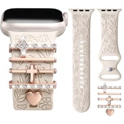 Comvin Flower Engraved Band Compatible with Apple Watch Bands for Women 40mm 38mm 41mm 42mm, Soft Silicone Band with Decorative Charms for iWatch Series 11 10 9 8 7 6 5 4 3 2 1 SE (With Band)