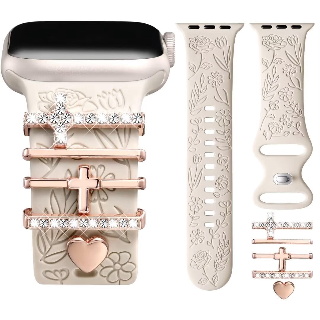 Comvin Flower Engraved Band Compatible with Apple Watch Bands for Women 40mm 38mm 41mm 42mm, Soft Silicone Band with Decorative Charms for iWatch Series 11 10 9 8 7 6 5 4 3 2 1 SE (With Band)