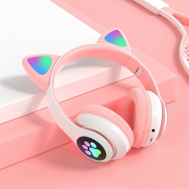 Auriculares Bluetooth para niños, Auriculares Plegables para niñas, Auriculares inalámbricos para niños con Orejas de Gato con luz LED y micrófono para la Escuela/Tableta/teléfono móvil/PC