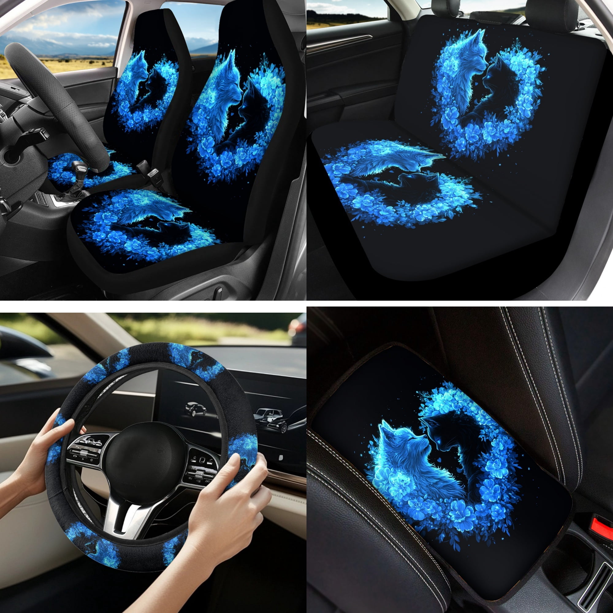 Jeiento Cute Cats Car Seat Covers Full Set with Steering Wheel Cover Safe Belt Pads Coasters Center Console Cover Love Heart Keychain 13 PCS Auto Interior Sets Fit for Most Vehicles