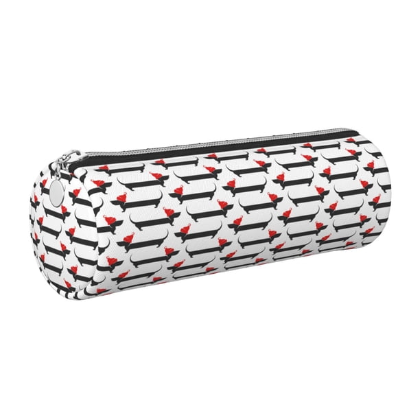 Disketp Christmas Dachshund Estuche Organizador de Lápices de Cuero, Estuche de Oficina con Cremallera para Bolígrafo y Lápiz
