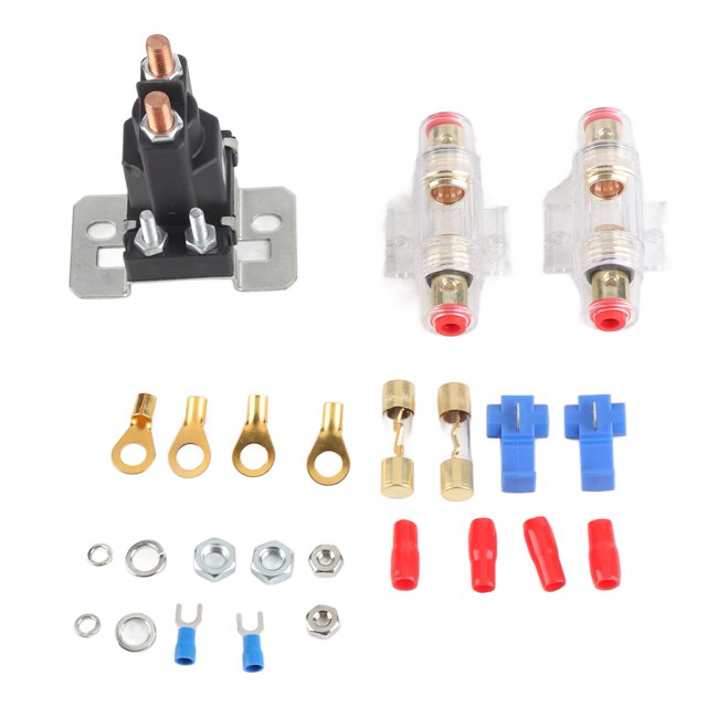 4 x Tubo portafusible rojo 2 x Portafusibles 1 x Relé 2 x Tubo portafusible 2 x Hebilla 4 x Placa de orejeta 2 x Placa de seguridad