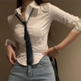 thumbnail image 4 of Long Sleeved Women's Solid Shirt Korean Sexy Slim Fit Waist Hugging Short Shirt Blouse Women Elegant Office Work Clothes, 4 of 5