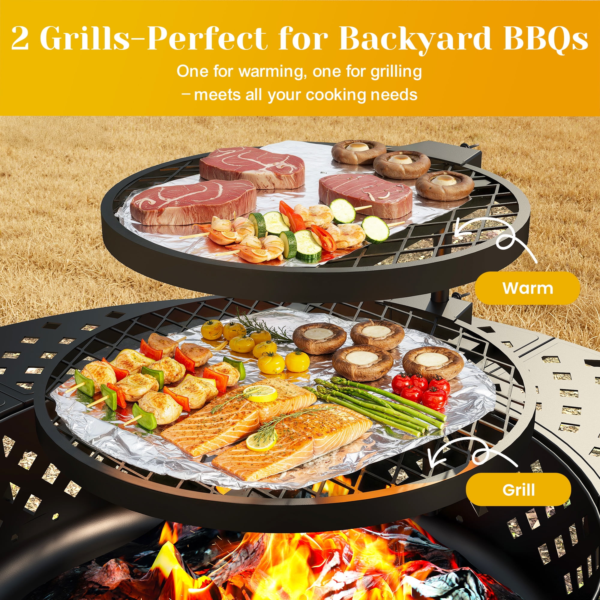 CozyHome 43'' Fire Pit with 2 Grills, Lid, and Fire Poker, Outdoor Wood Burning Fireplace, BBQs, Bonfire & Round Metal Table 3 in 1 for Patio, Picnic, Party, Black