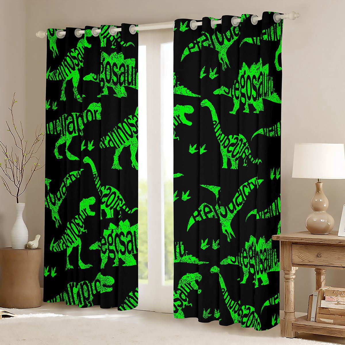 Homewish Wild Dinosaur Curtains Pack of 2 (42x84 Each),Safari Dino Curtains Blackout,Green Black Bedroom Curtains For Boys Kids,Super Cozy Room Decor