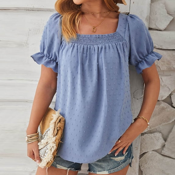 Pincandy Fashion Women's Casual Comfortable Solid Short Sleeved Top Blouse T-Shirt Summer Tops Sqaure Neck Ruffle Sleeve Blouses Babydoll Shirts,Blue,L