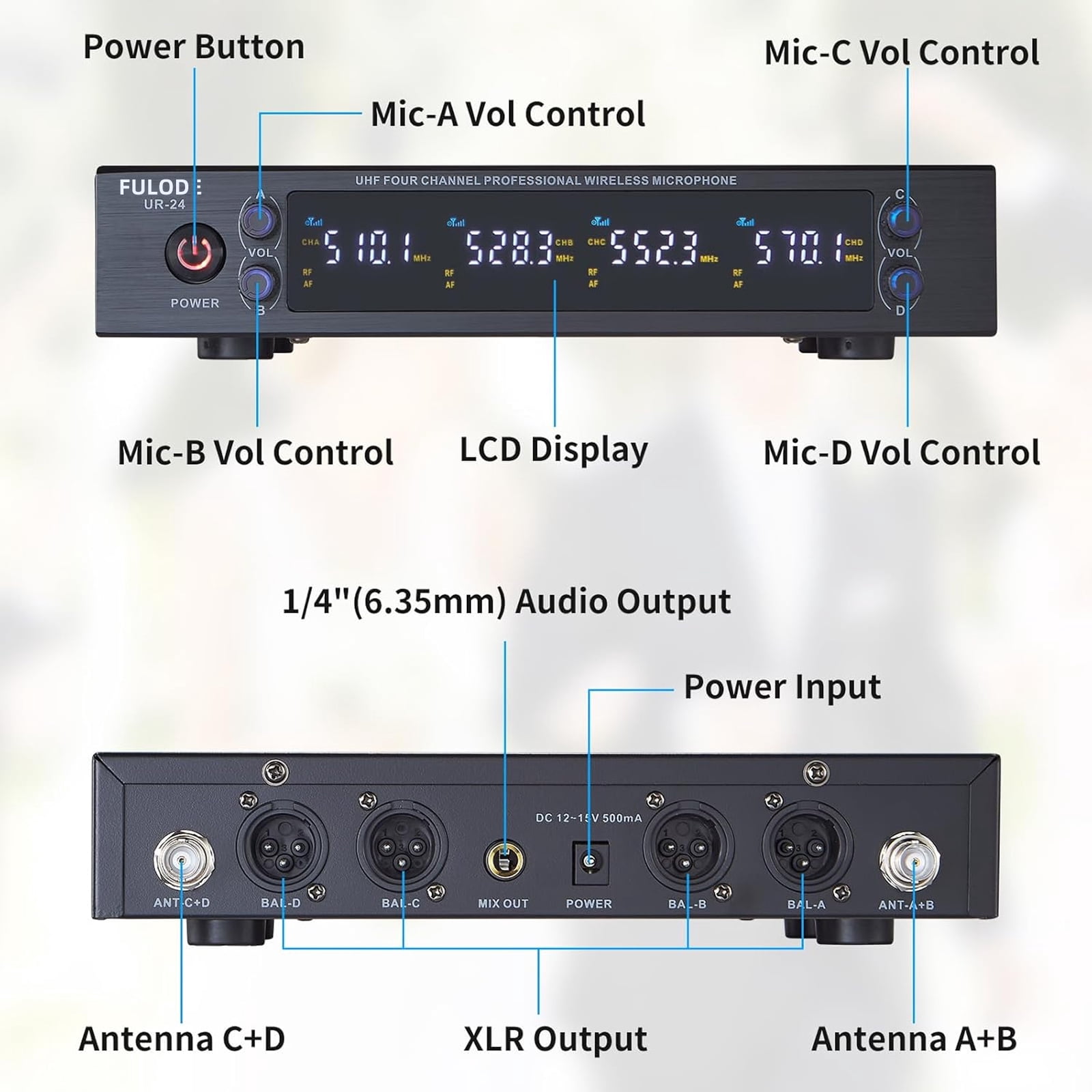 FULODE 4 Channel UHF Wireless Microphone System with Lavalier Headset Mics, 4x50 Adjustable Frequencies, Ideal for Karaoke Meeting Church, 300ft Range (4 Bodypack)
