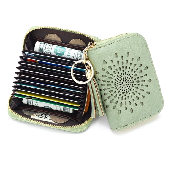 [Mother’s Day Gift Present] APHISON RFID Credit Card Holder Zipper Card Case Small Wallets for Women Leather Sunflower style - Green