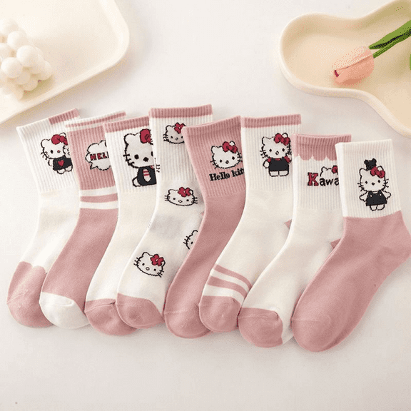 HELANHO 8Pairs Cartoon Hello Kitty Plaid Socks - Cute Medium Tube Socks for Women QQH63-1798