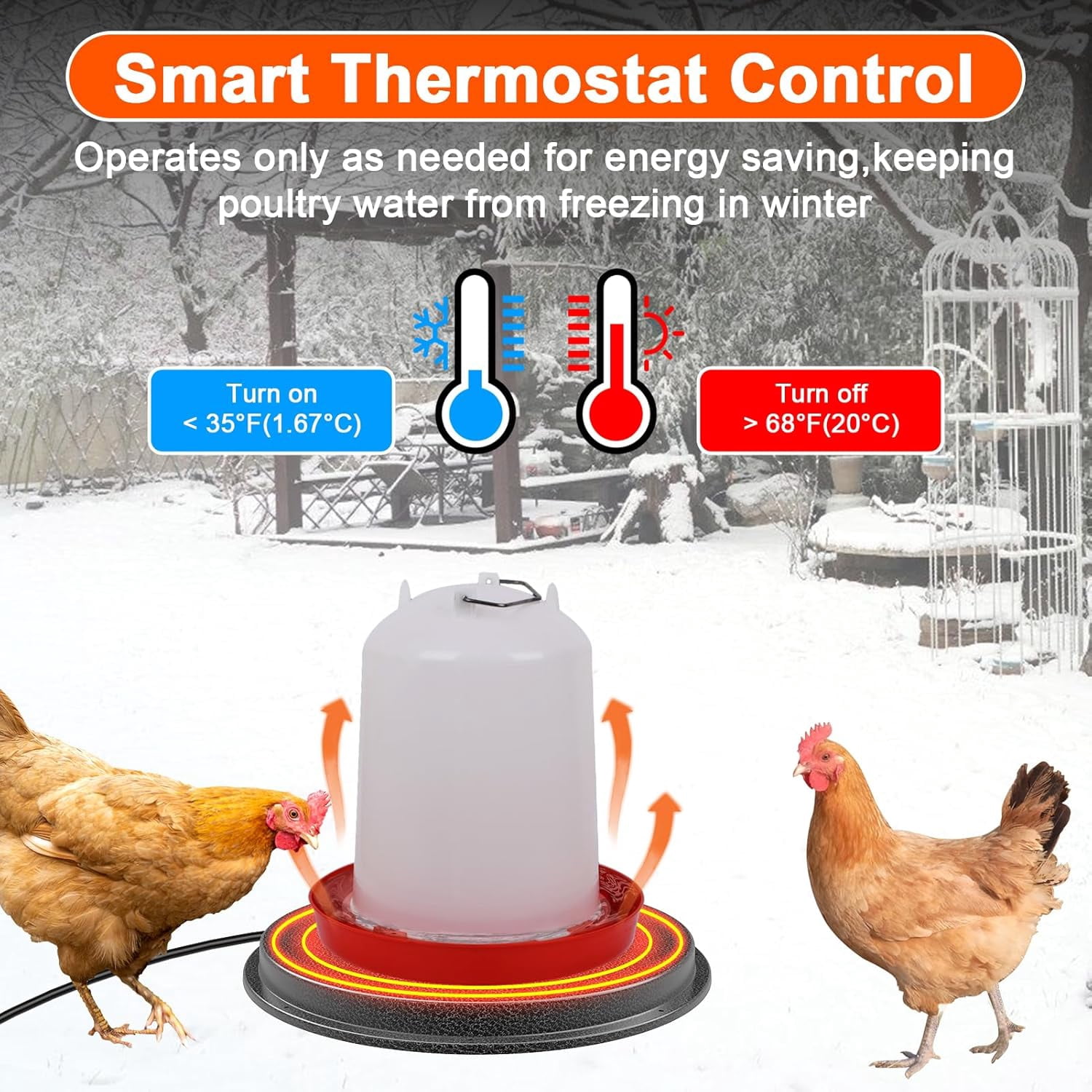 4TSL Chicken Waterer Heater, 80W Chicken Drinker Heated Base for Winter 15 in Chicken Water Heater with Thermostat