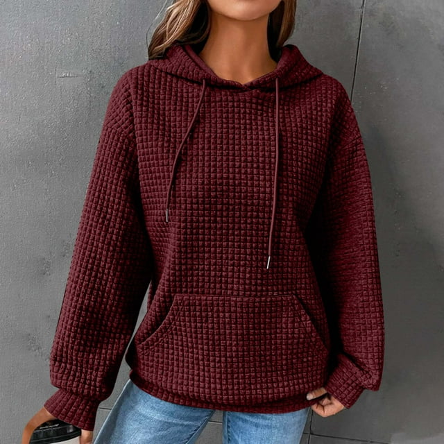 Meichang Oversized Hoodies for Women Drawstring Waffle Cloth Long Sleeve Pullover Soft Comfy Solid Color Sweatshirts witn Pockets