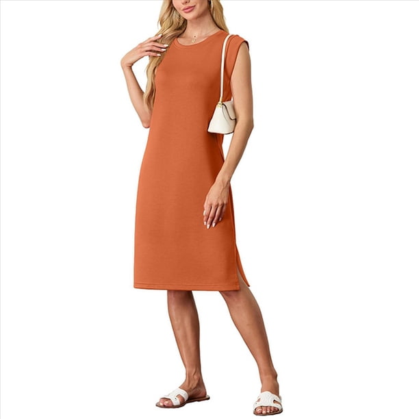 Vestido Midi Informal de Verano para Mujer, con Cuello Redondo, Holgado, con Abertura y Bolsillos, Sin Arrugas, Color Sepia S