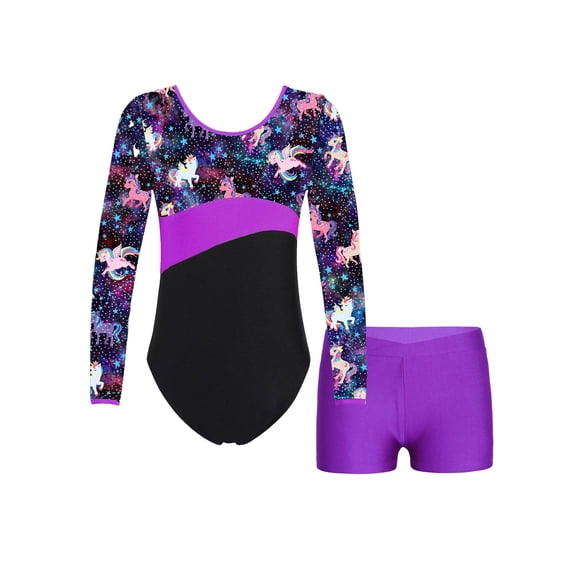 CHICTRY Girls Long Sleeve Gymnastics Unitard with Shorts 2 Piece Ballet Dance Outfits Fitness Gym Workout Star 12