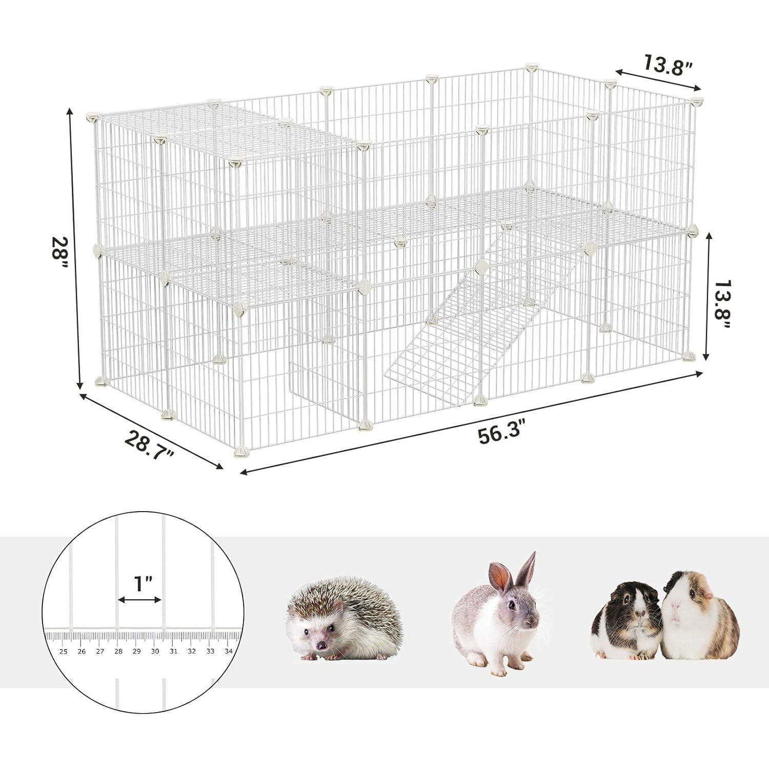 36 Panels Pet Playpen, Small Animal Playpen, Rabbit Guinea Pig Cage, Zip Ties Included, Metal Wire Apartment-Style Two-Story Pet Premium Villa for Bunnies Puppies, Indoor Use, White