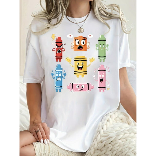 Camiseta de mujer verano Patrón de Corazón cuello redondoWomen'S Fun Colorful Crayon Print Fashion T-Shirt, Casual Crew Neck Short Sleeve Tee, Simple Leisure Sportswear, Polyester Knit Fabric with M