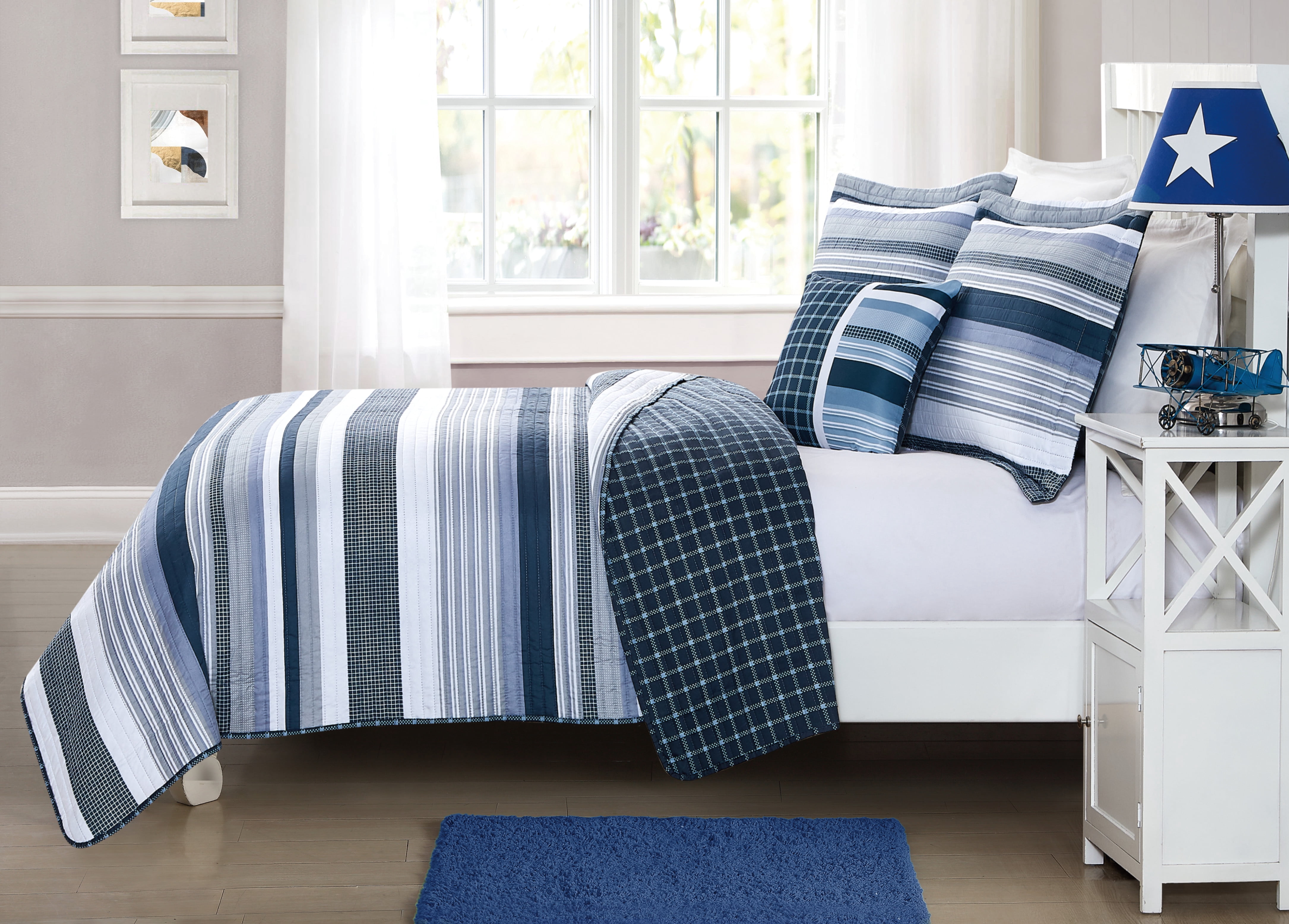 My World Mason Stripe Blue  and  White Polyester 3-Piece Twin Quilt Set, stripe themed, for Kids, OEKO-TEX Certified