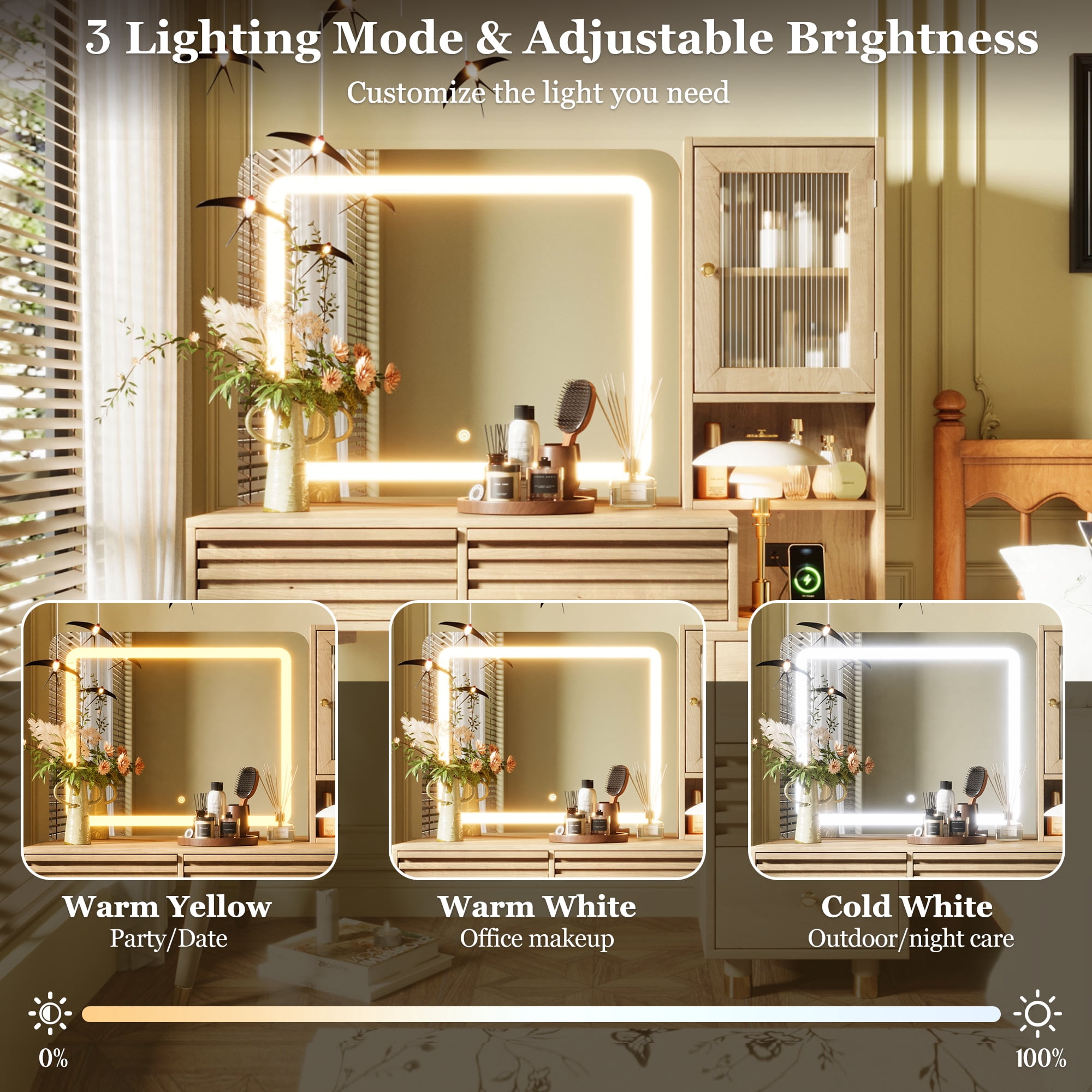 GARITIN Makeup Vanity Desk 45.9 Inch, Dressing Table with Mirror and LED Lights, 5 Drawers and Fluted Glass Storage Cabinet with Power Outlet, Natural