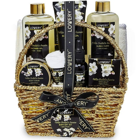 Gift Baskets Canada Spa - Bath and Body Gift Basket for Women – Orchid and Jasmine Home Spa Set With Body Scrubs, Oils, Gels and More - 9 Piece Set