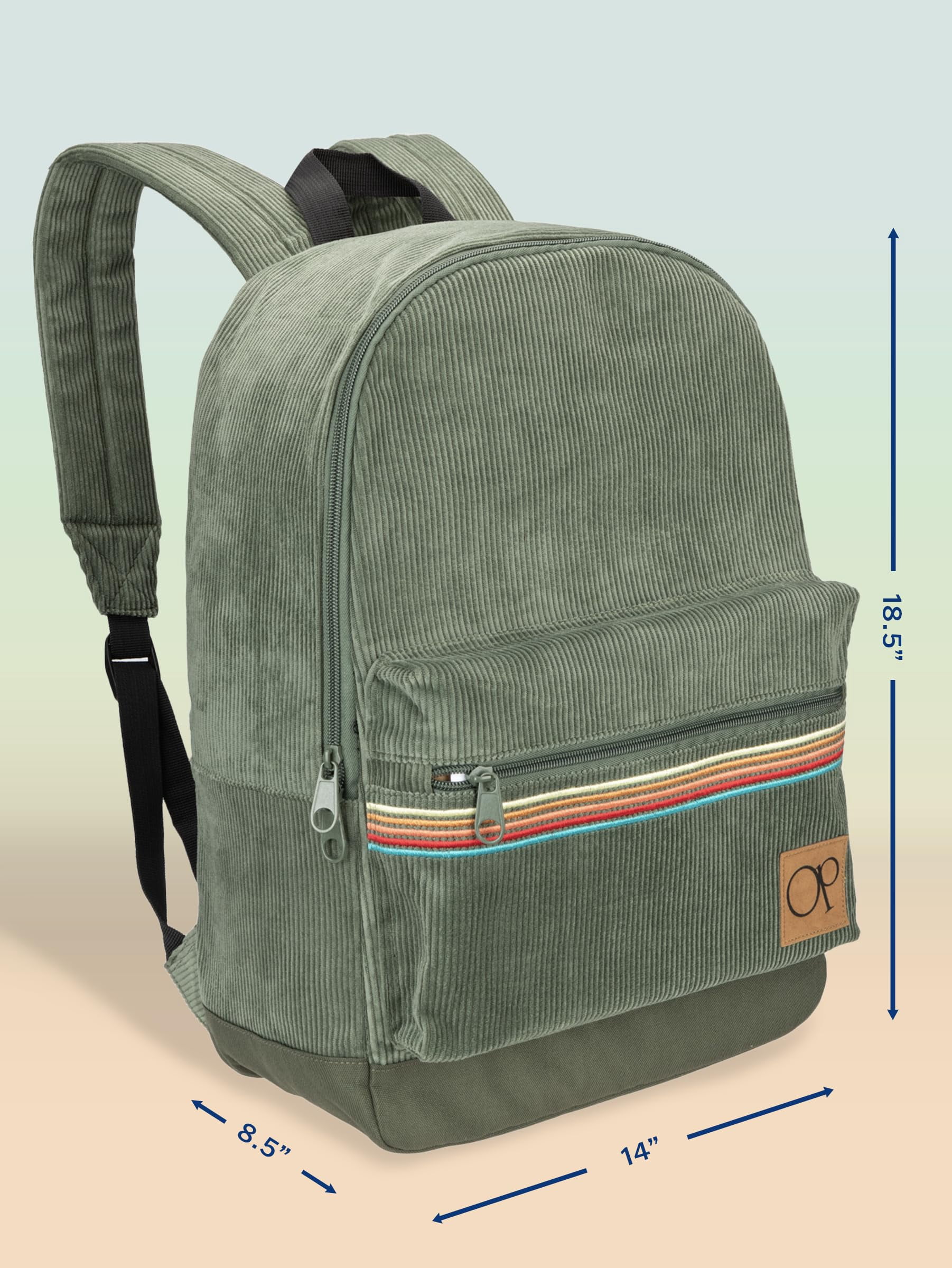 Ocean Pacific OG Corduroy Backpack for Travel, Waterproof College Fits 15.6” Laptop, Adults, Olive