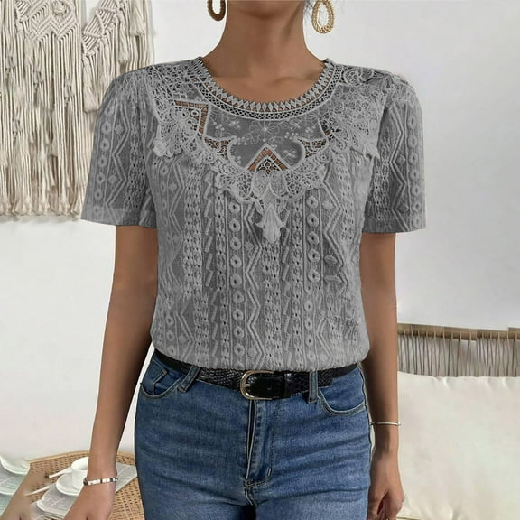 Otvok Womens Spring Tops Round Neck Solid Color Short Sleeve Lace Patchwork T-Shirt