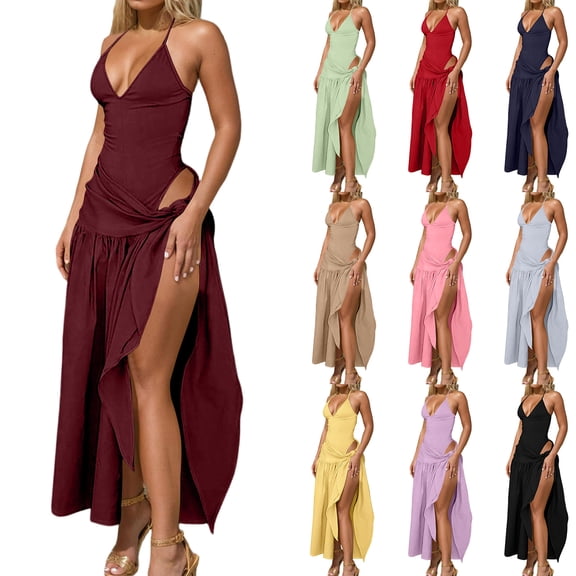 Laqbezok Sexy Bodysuit and Skirt 2 Piece Set for Women, Backless Halter V-Neck Top & High Slit Maxi Skirt Summer Outfit, Casual Beach Party Clubwear, Solid Color Vacation Dress