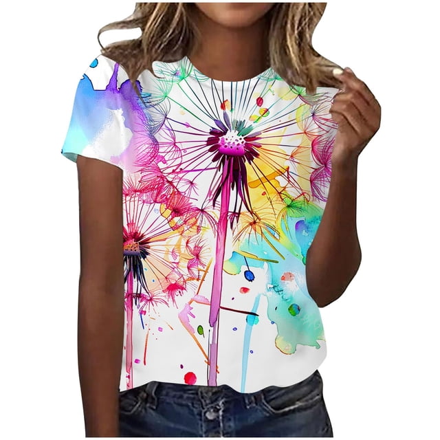 TSADFHJI T-Shirts pour Femmes Coton Imprimé Col Rond Manches Courtes T-Shirt m